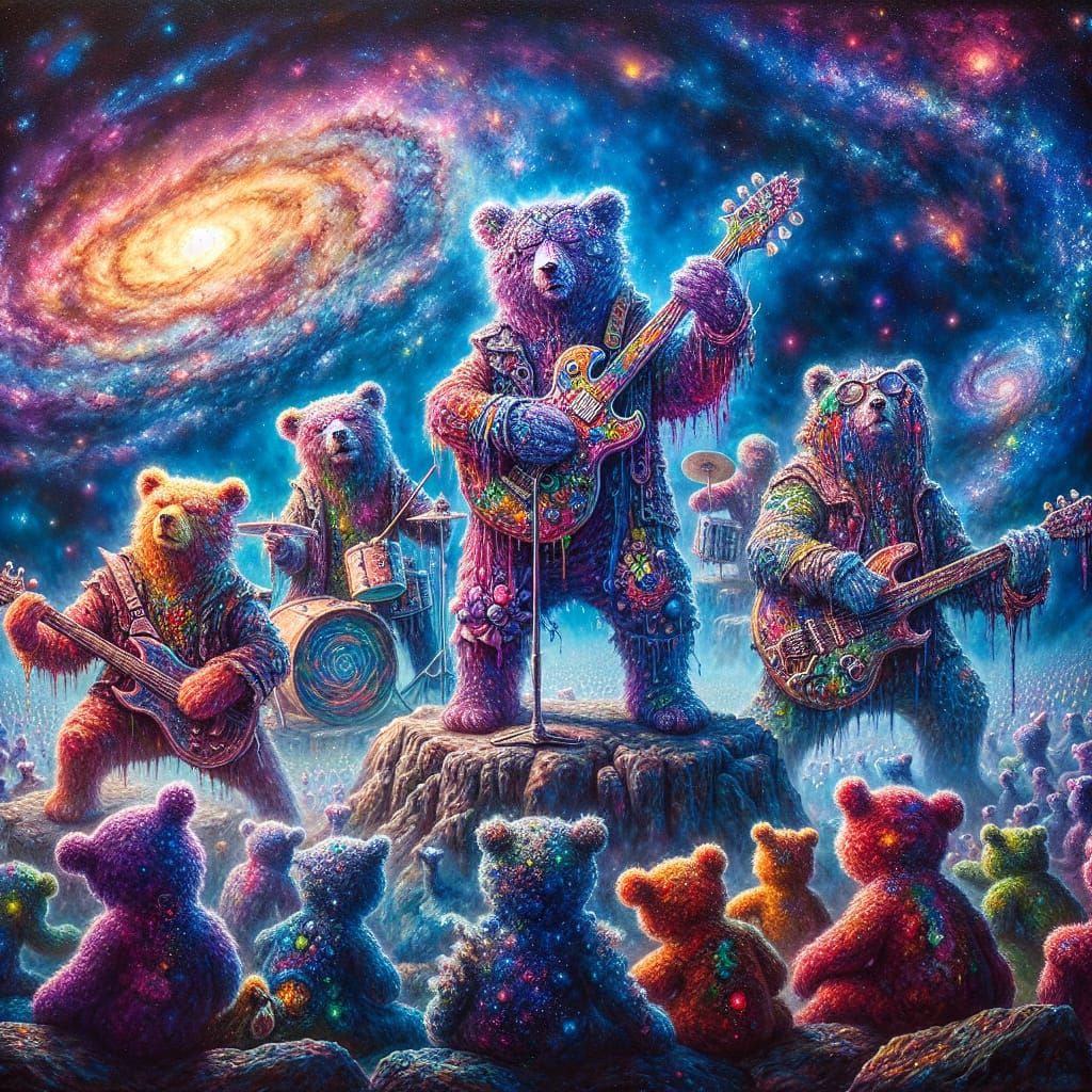 Psychedelic Teddy Bear Rock Band Performs in Cosmic Galaxy