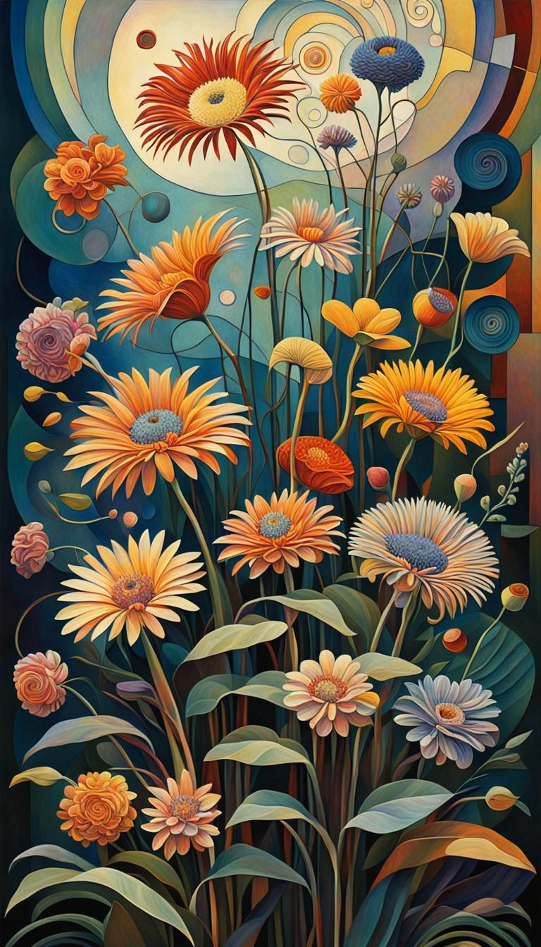 Exotic Flowers in Layered Cubist Composition