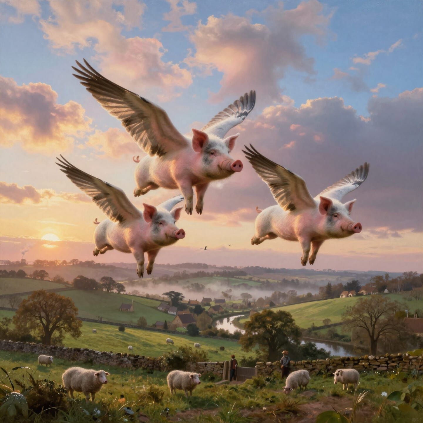Winged Pigs Soar Over Cotswolds at Sunrise