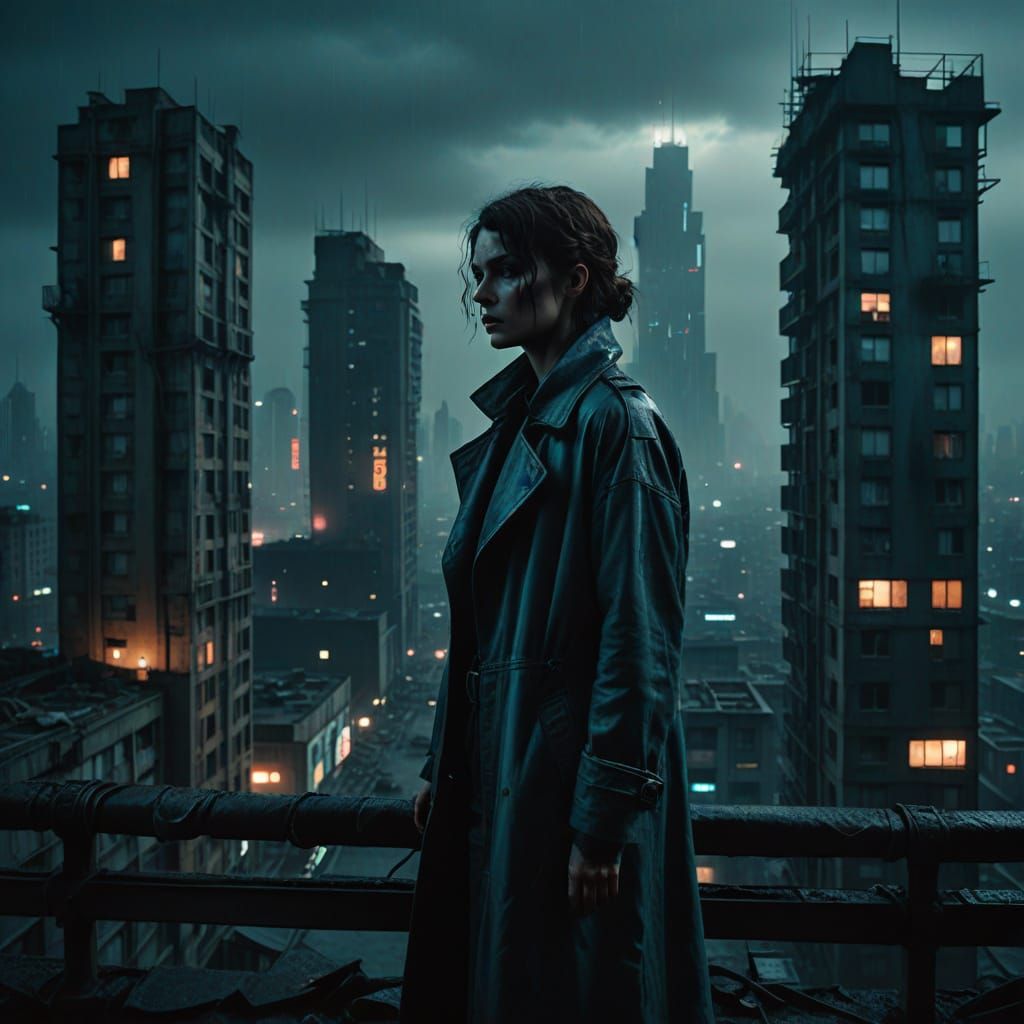 Elegant Woman in a Futuristic Cityscape