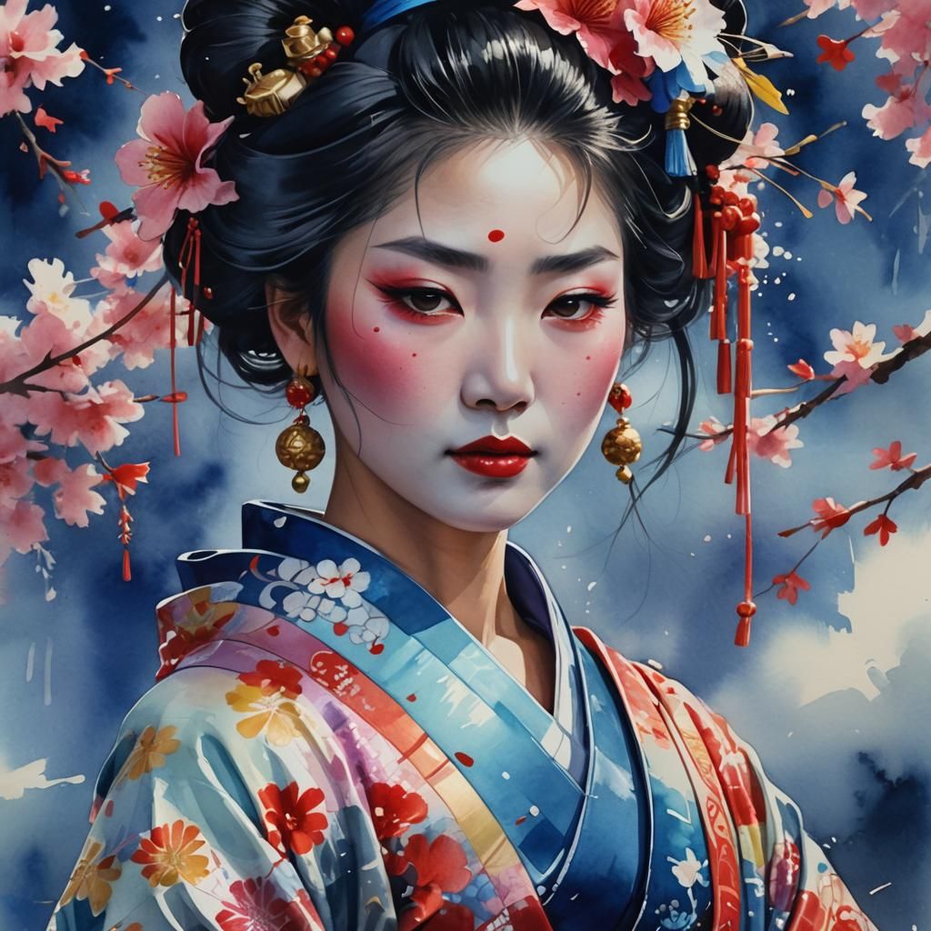 Fantasy Geisha Portrait in Watercolor Art Style