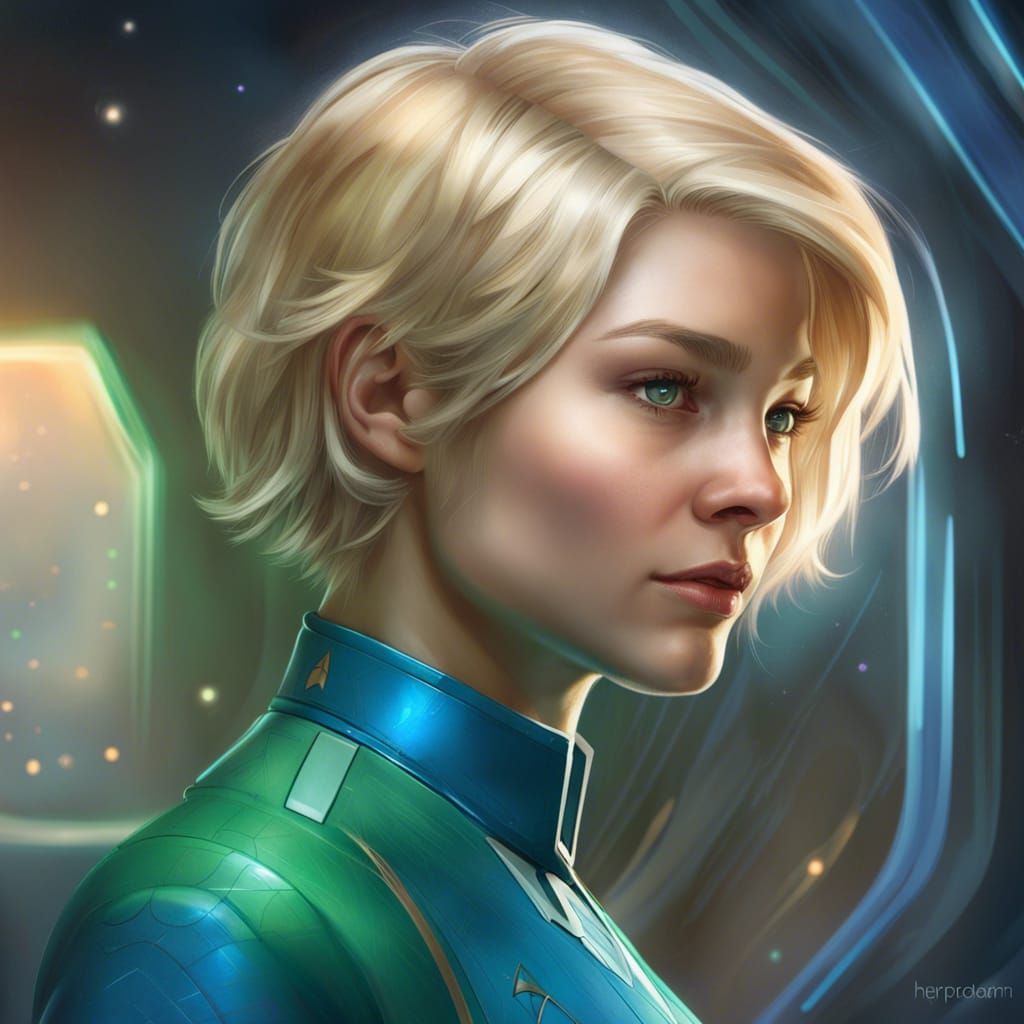 Blonde Girl in Star Trek Uniform: Hyperdetailed Portrait