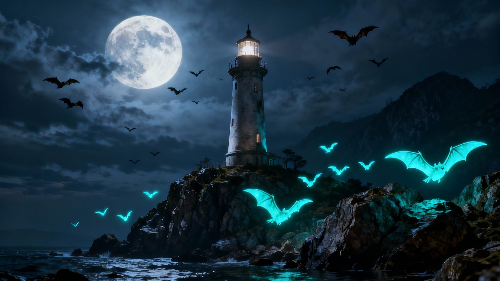 Fantasy Lighthouse on Rocky Island Under Moonlit Sky