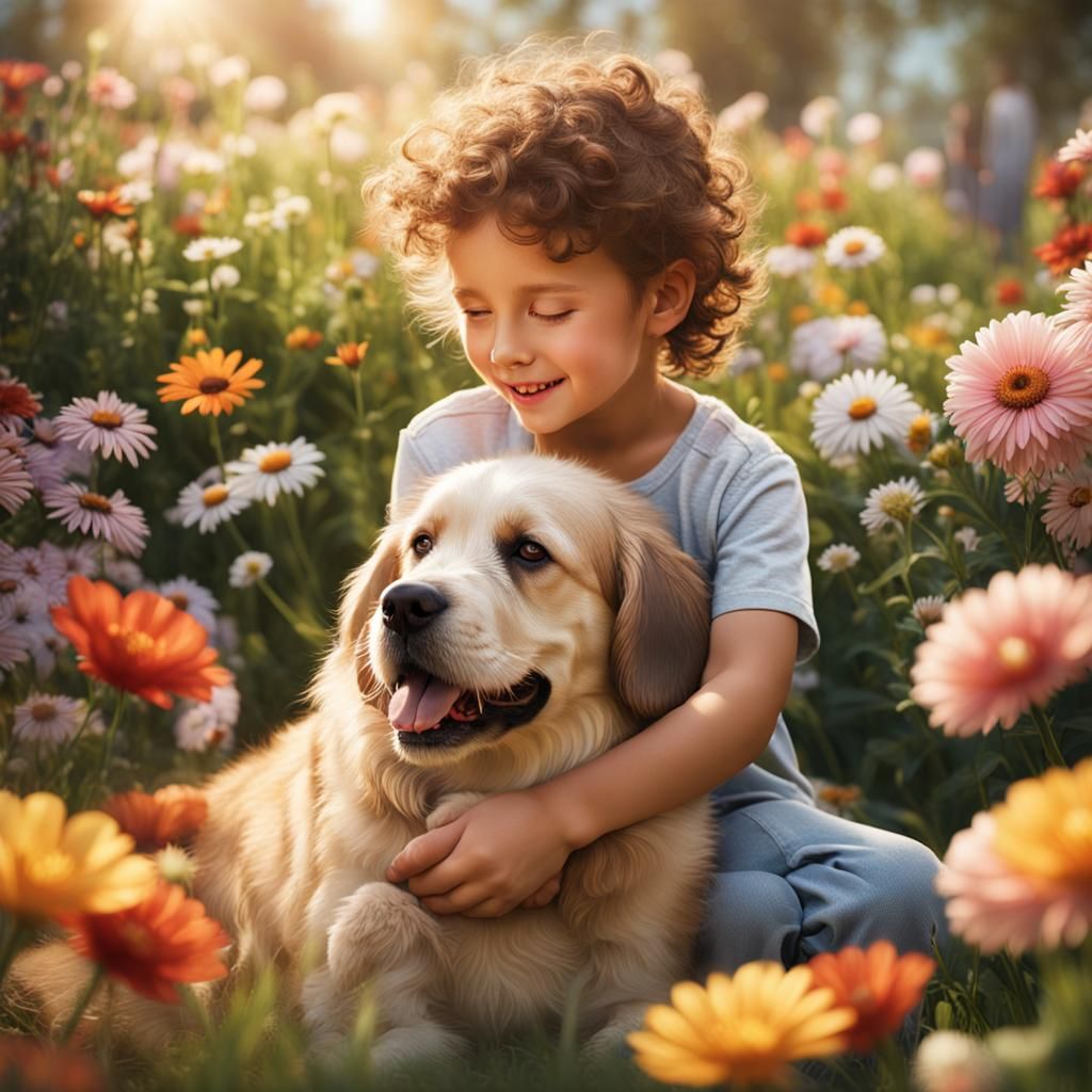 Dog and Child in Sunny Garden: Detailed Matte Painting