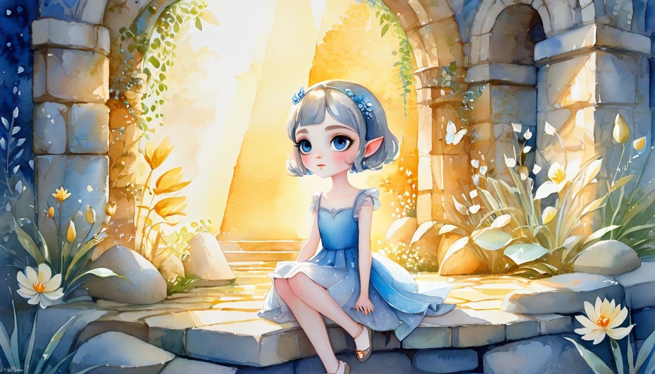 Pixie Girl in Ethereal Garden: Watercolor Gouache Painting