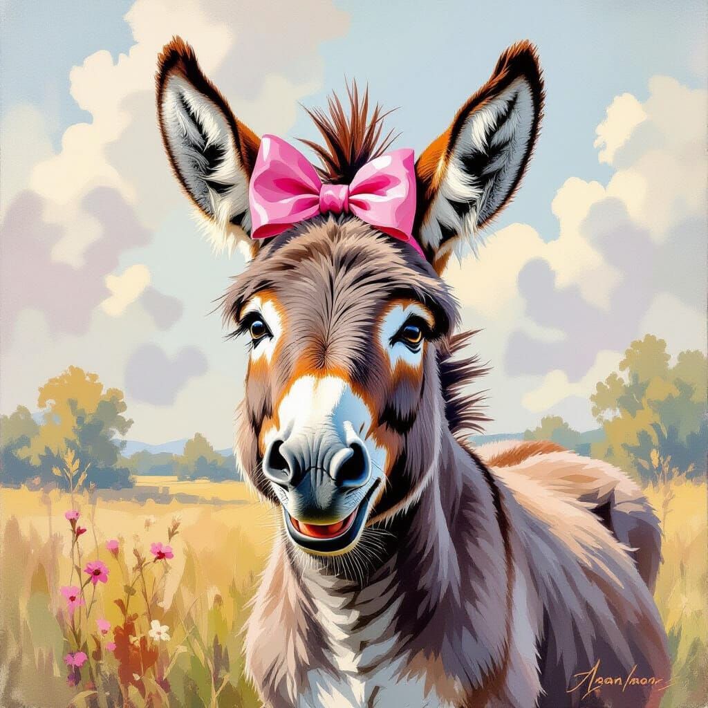 Smiling Donkey with Pink Bow in Impressionist Style