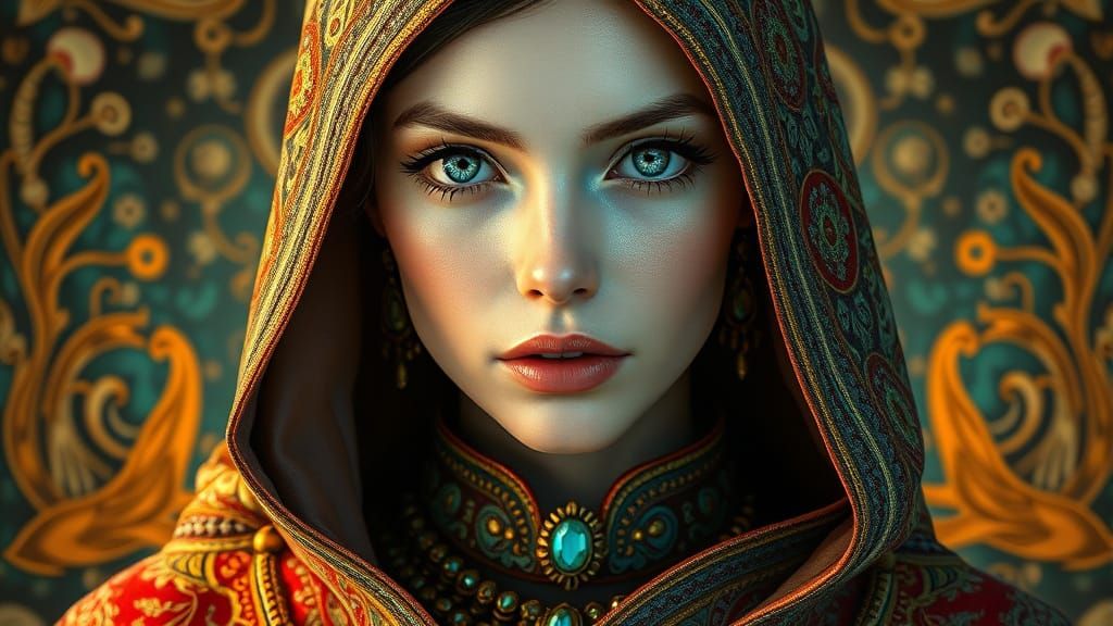 Futuristic Woman in Iridescent Cloak: 8K Art Nouveau