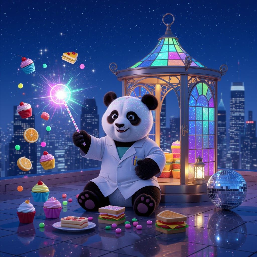 Glittery Panda Wizard on Skyscraper Rooftop with Magical Foo...