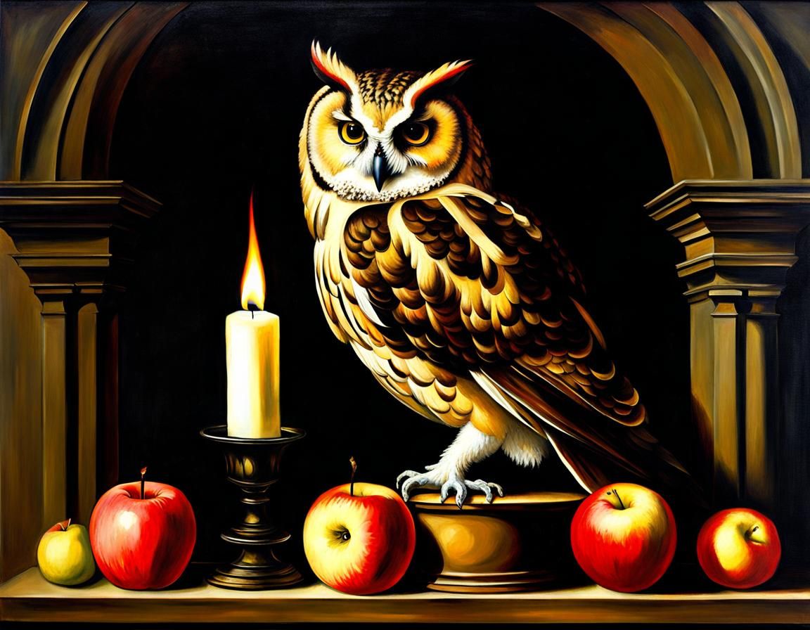 Renaissance Still Life: Owl, Candle, and Apples