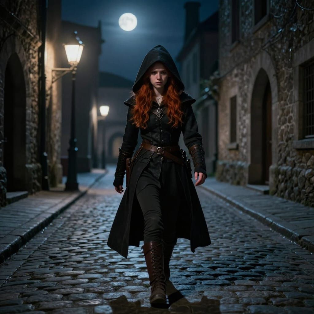 Assassin Girl in Medieval Street at Night
