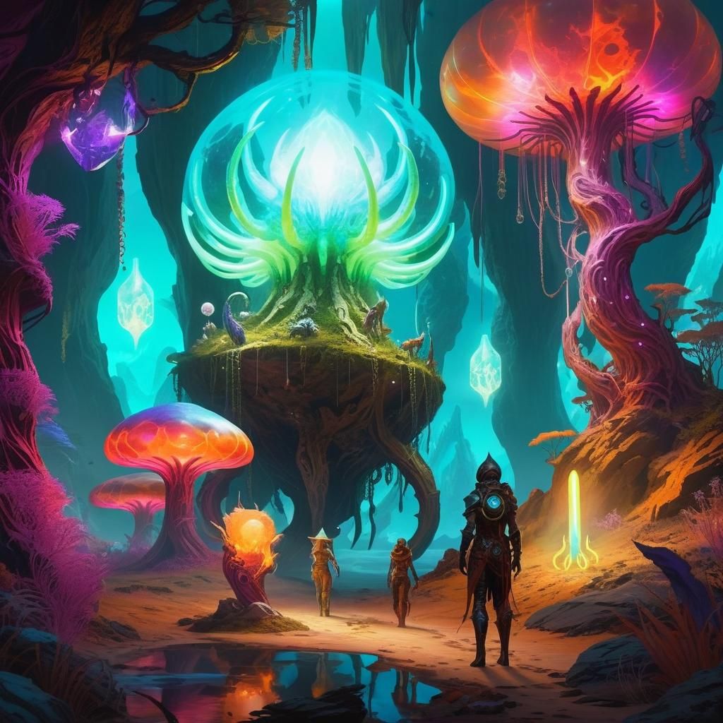 Otherworldly Glowing Scenery with Diverse Creatures