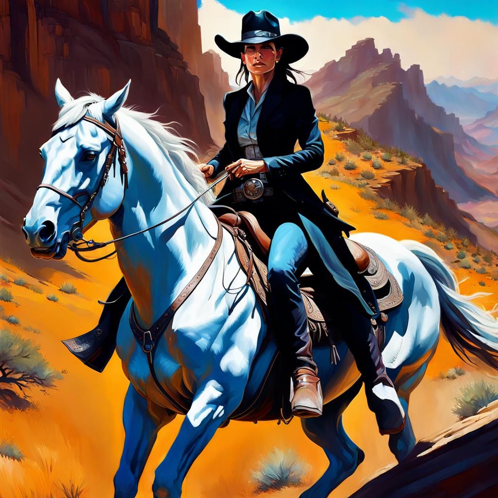 Western Gunfighter on White Horse: Detailed Oil Painting
