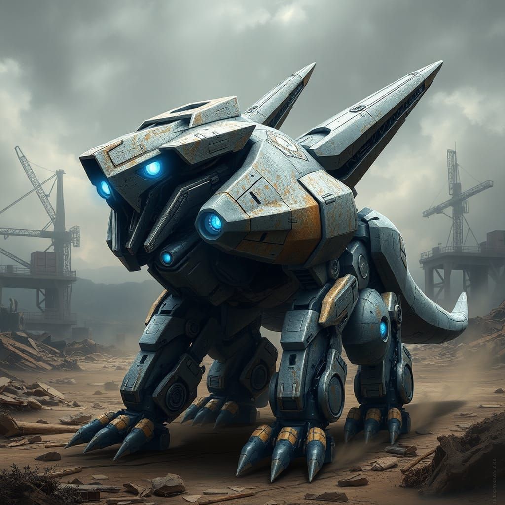 Mechanical Zoids Beast in War-Torn Landscape