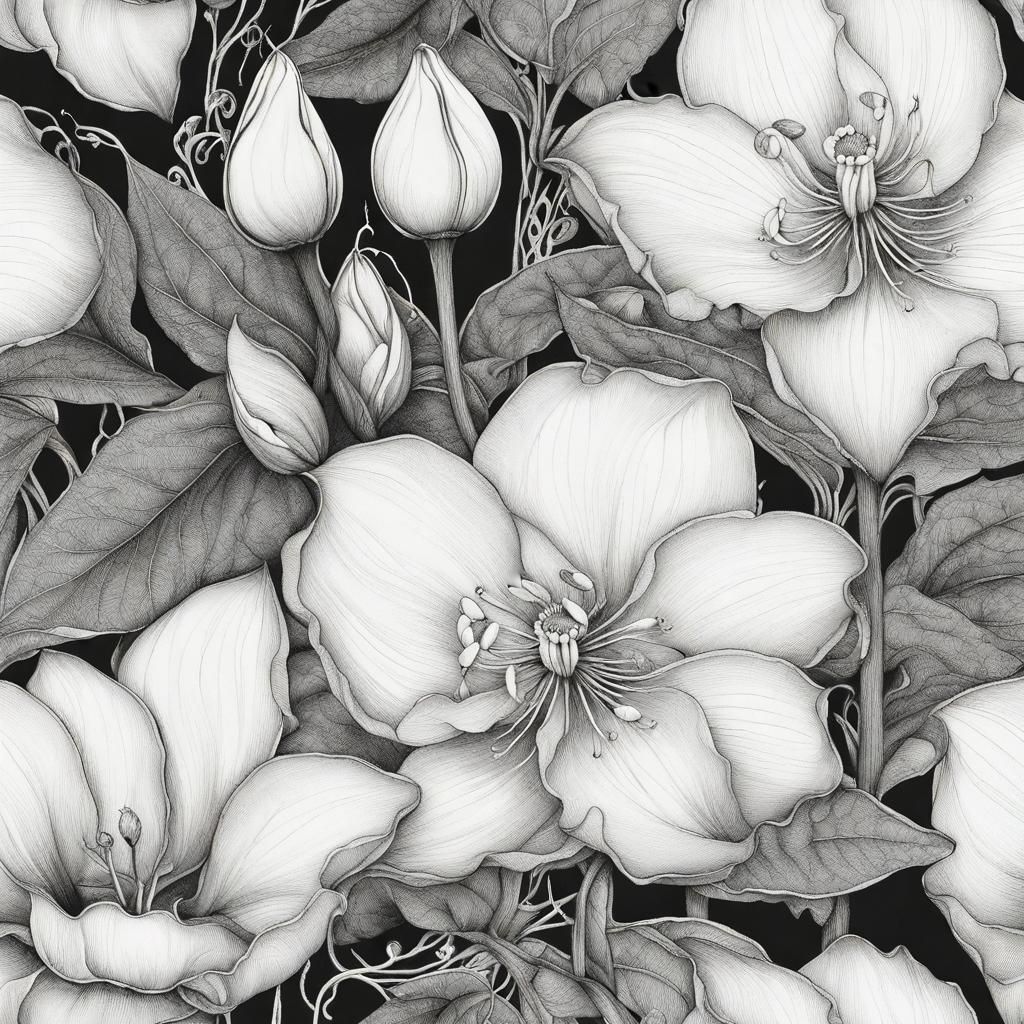 Cotton and lilly flowers fine line ink drawing