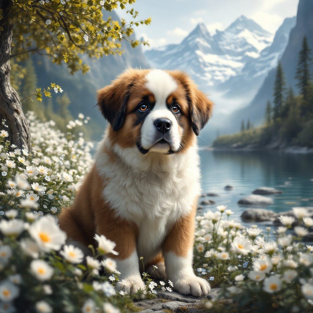 Majestic St Bernard Puppy in Whimsical Forest Paradise