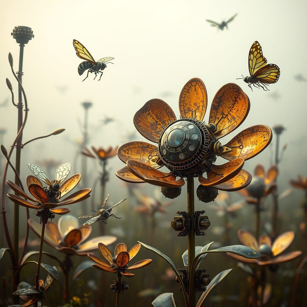 Vintage Futuristic Mechanical Garden in Mystical Fog