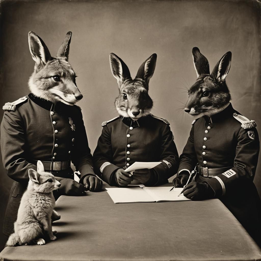 Foxes and Rabbits Sign Peace Treaty: 1900s Photo
