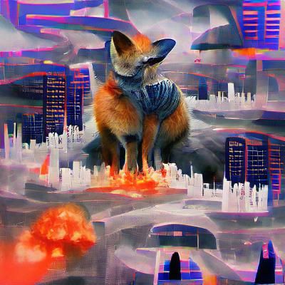 Apocalyptic Fox in Ruined Cityscape