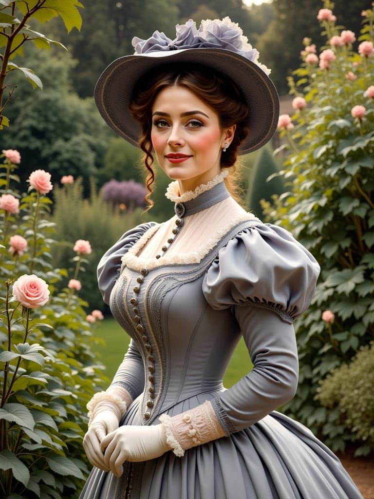 Victorian Woman in Botanic Garden as Oil Painting