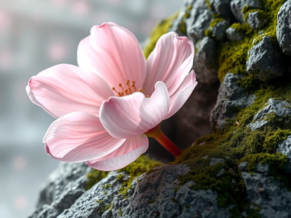 Delicate Sakura Blossom Emerges from Granite Boulder in Drea...