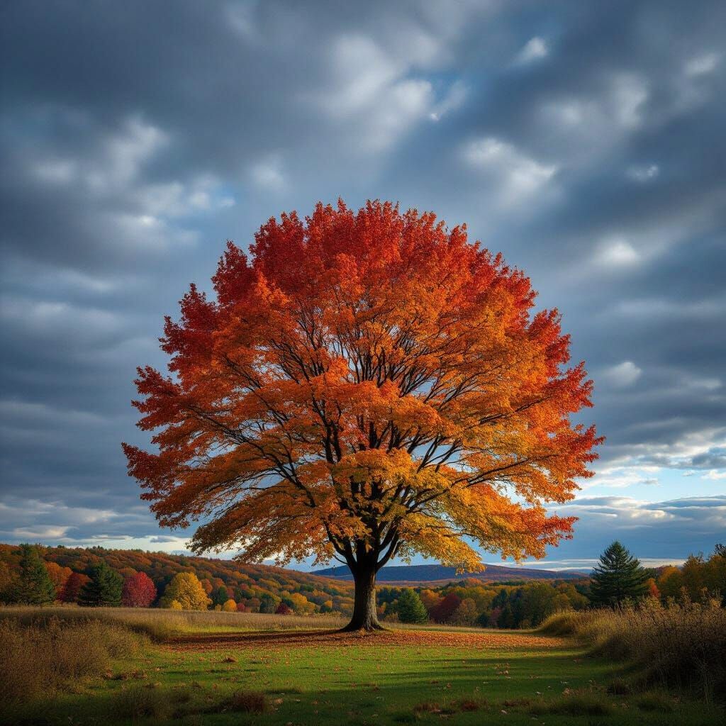 Autumnal Tree Under Dramatic Sky, Cinematic Photography