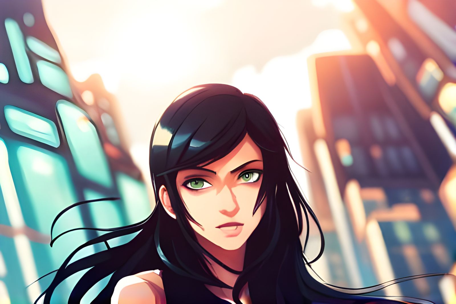 Futuristic Heroine with Technological Sunset Backdrop