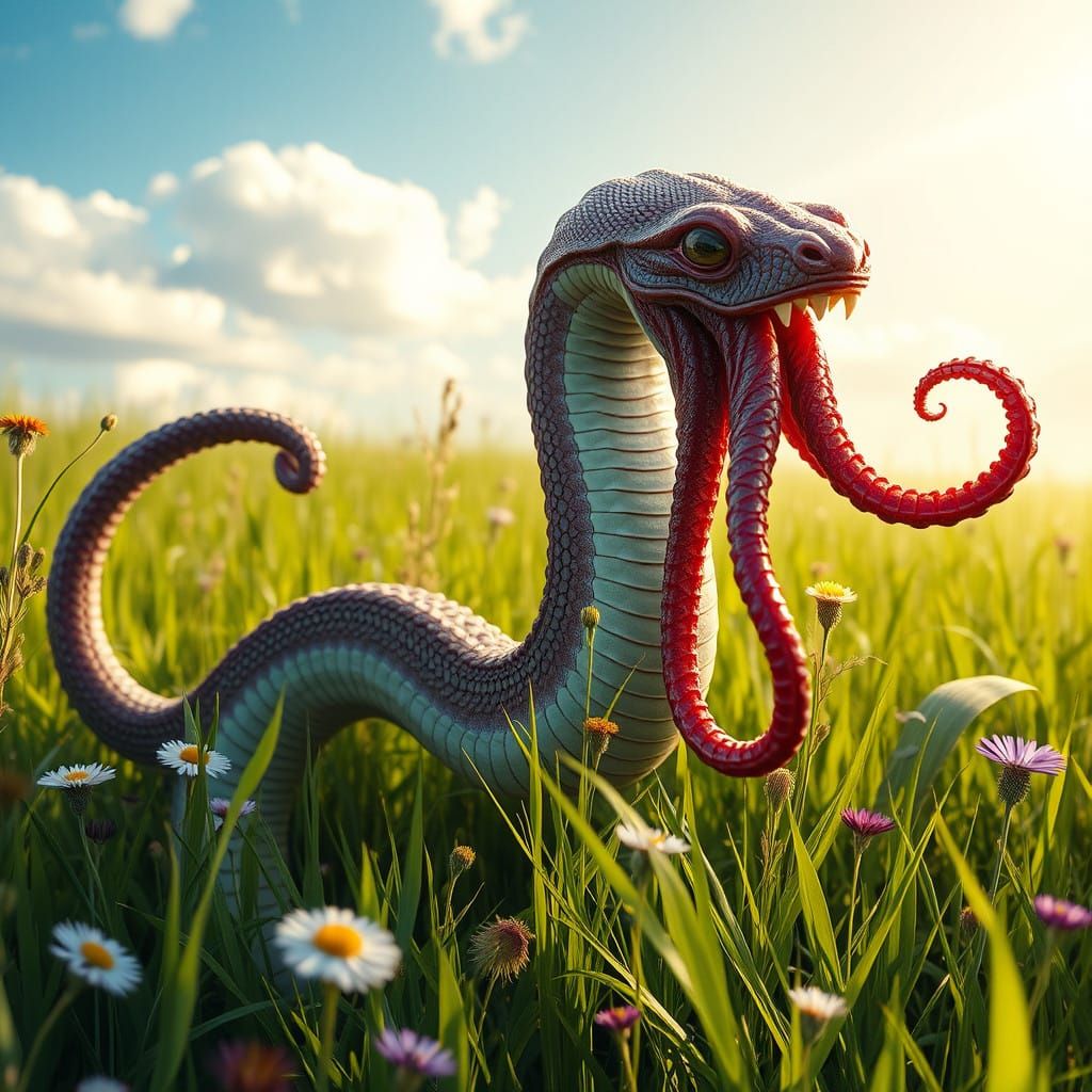 Surreal Serpent-Squid Emerges from Lush Meadow