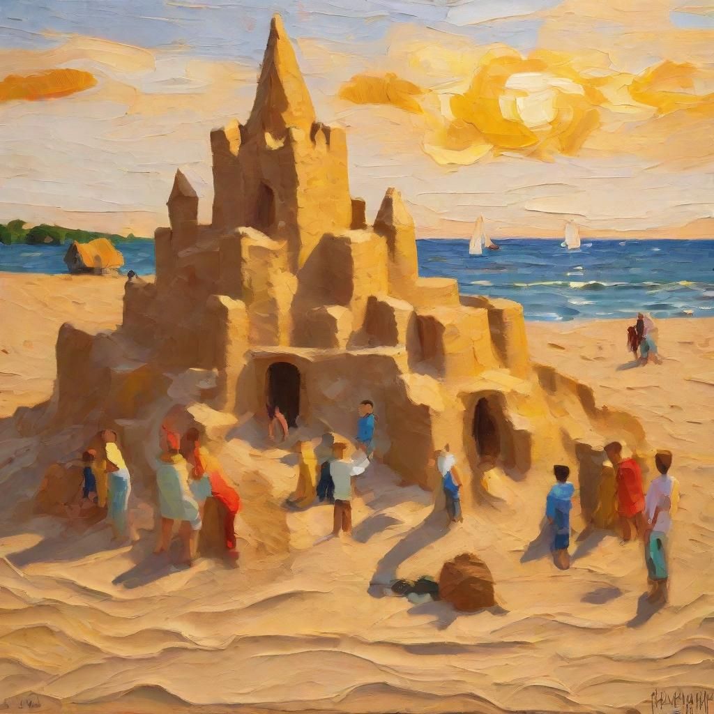 Sandcastle Surrounded by Loving People in Expressionist Styl...