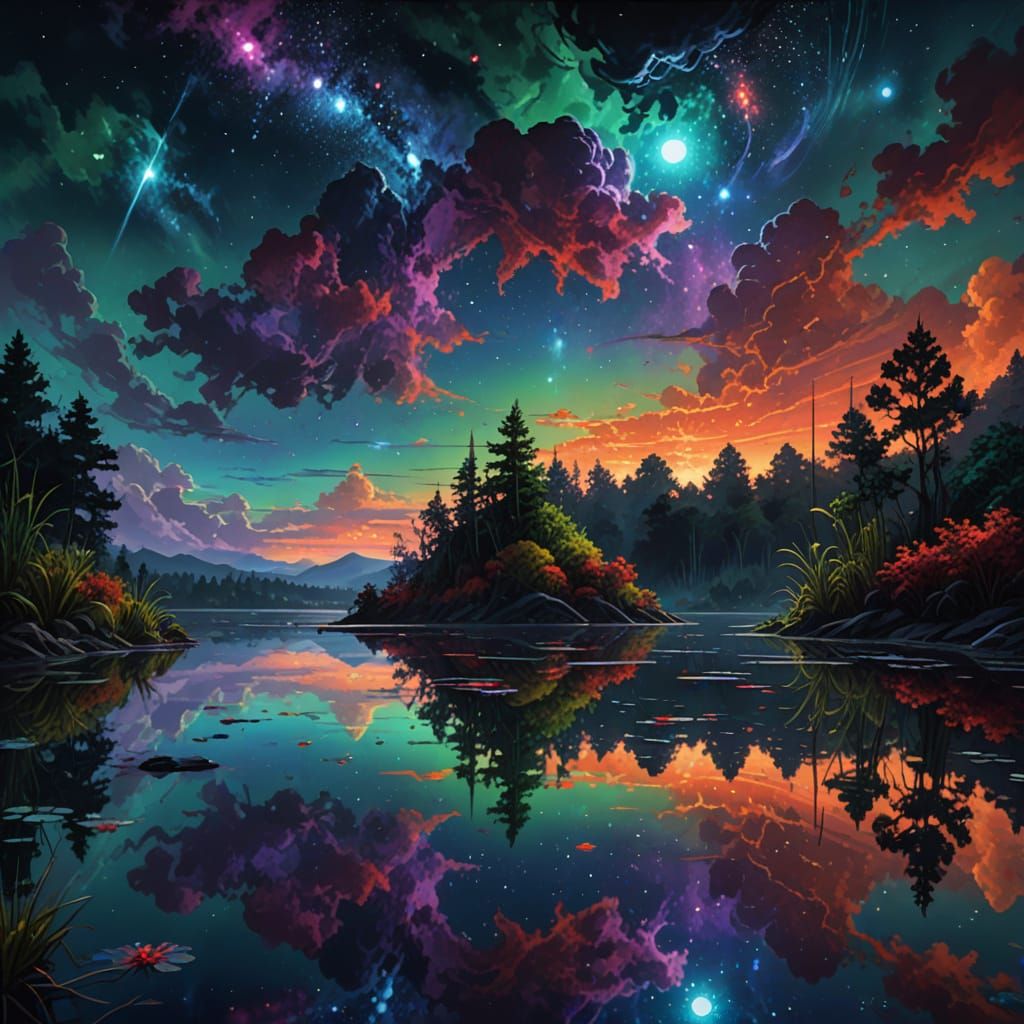 Hyperrealistic Lake Reflects Night Clouds and Alien Plants