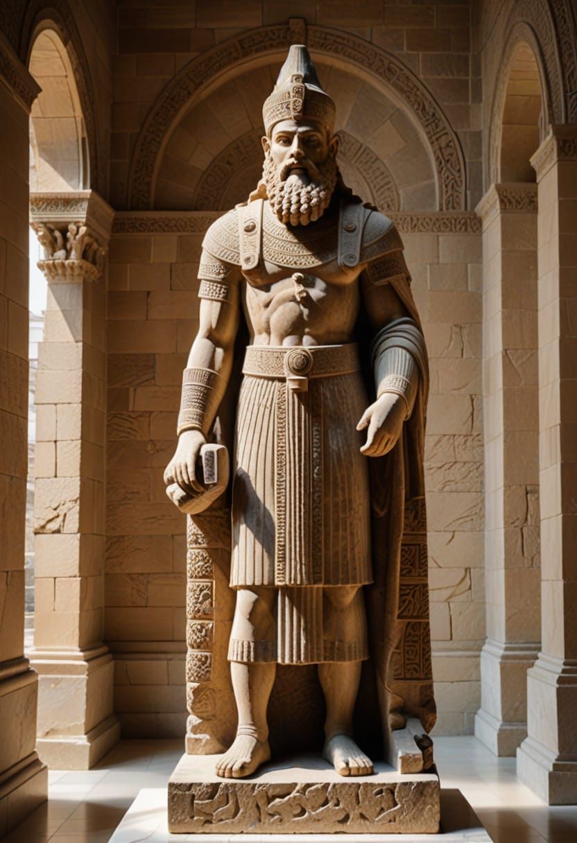 Ancient Sandstone Statue of Babylonian Emperor in Museum Set...