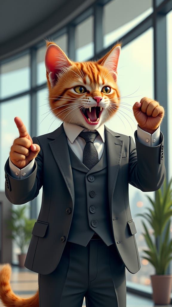 Furious Kitten Boss in Sleek Office, Astral Illustration