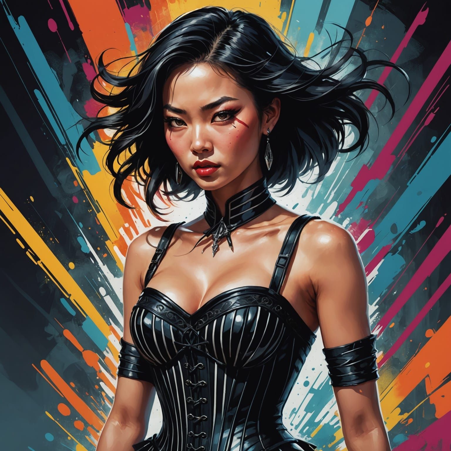 Asian Woman in Corset, Hyperrealistic Splash Art