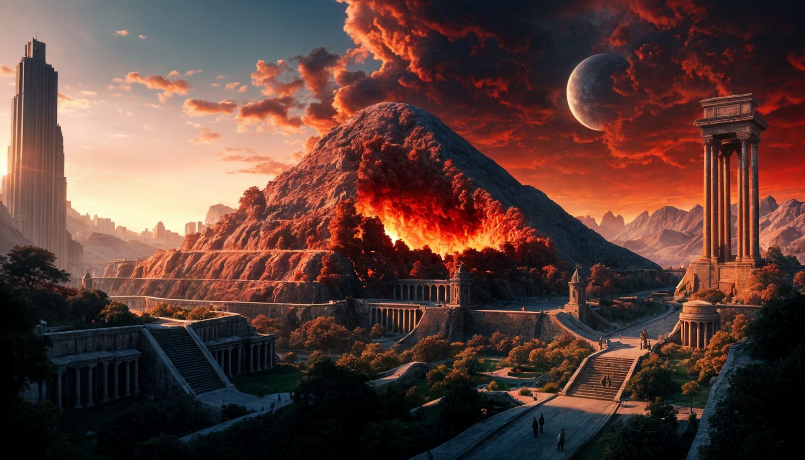 Ancient Civilization Sunset: Meteors and Red Sun