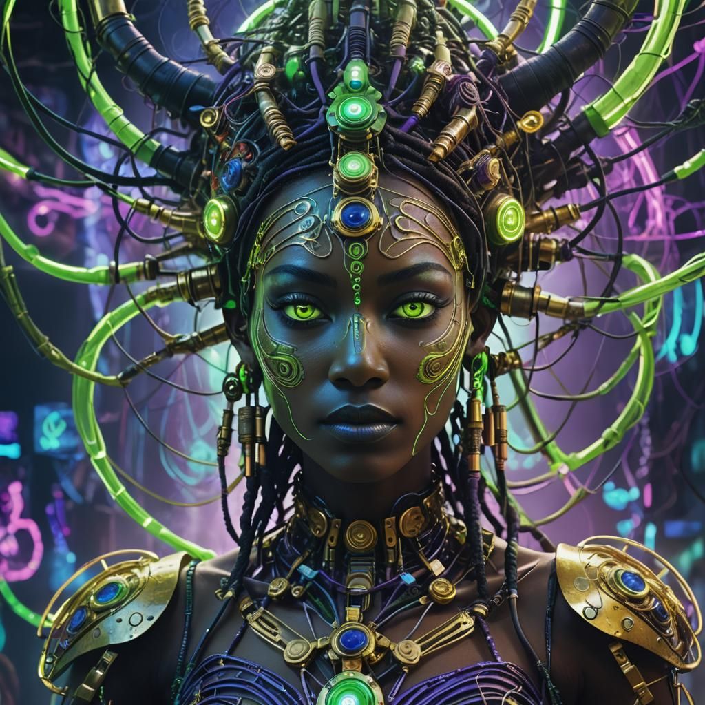 Cybernetic Vodou Goddess Portrait in Neon Hues
