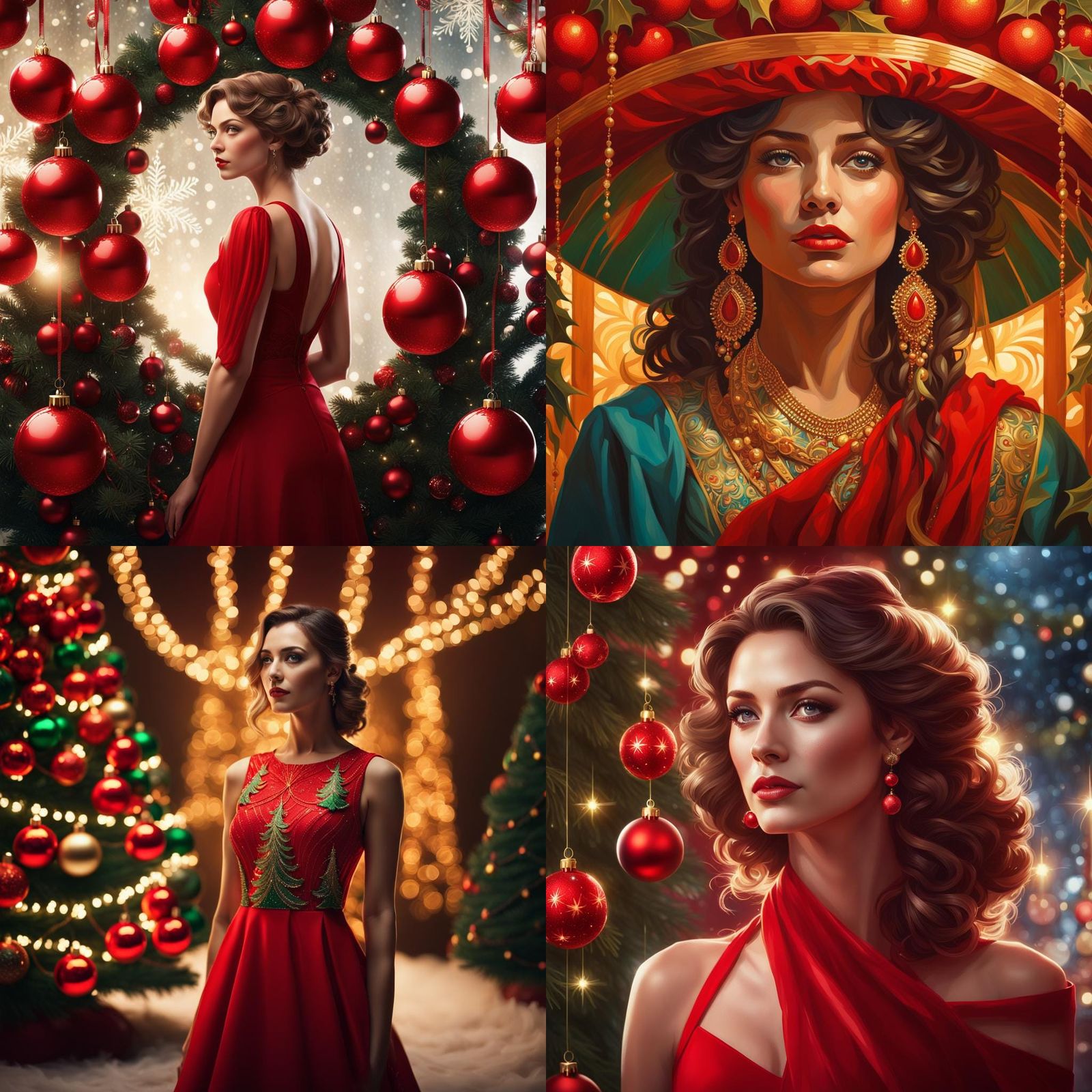 Woman in Red by Christmas Tree, Digital Art