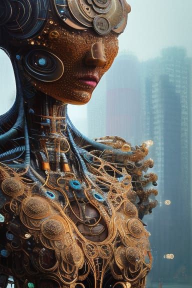 Bronze Robot in Megalopolis: Hyperdetailed Fantasy Art