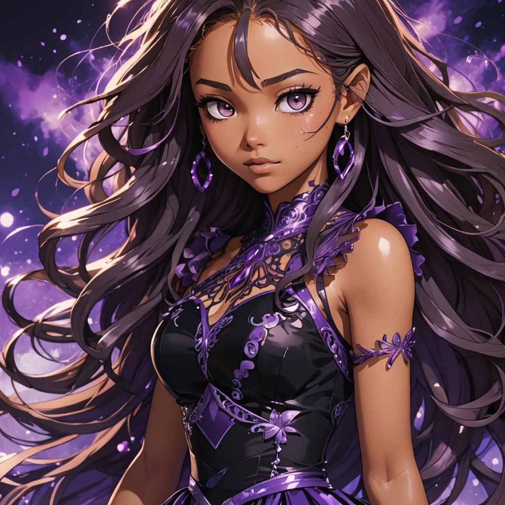 Anime Portrait: Mulatto Girl in Violet Dress
