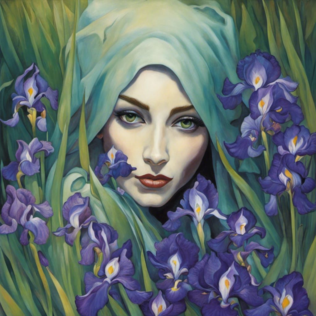 Woman Surrounded by Irises in Expressionist Style