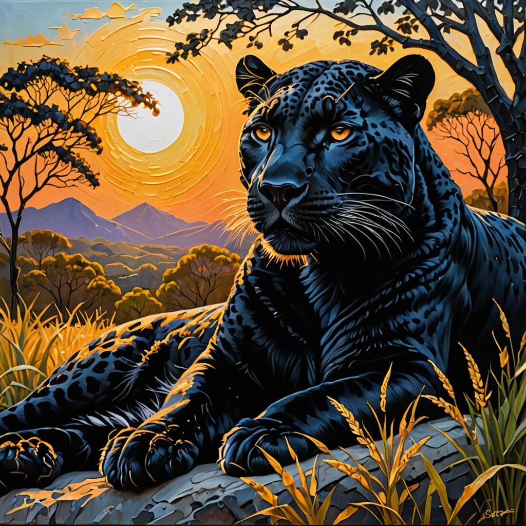 Black Leopard Sunbathing: Impasto Acrylic Painting