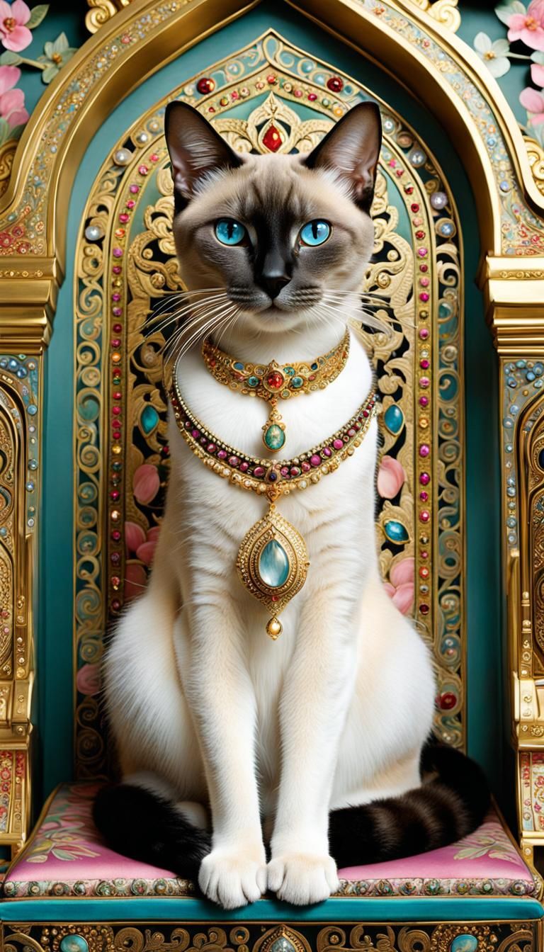 Siamese Cat and Owner in Thai Palace, Orientalist Style