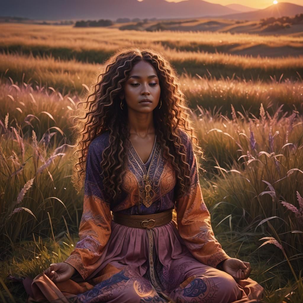 Woman Meditating in Field at Sunset: Detailed Matte Painting
