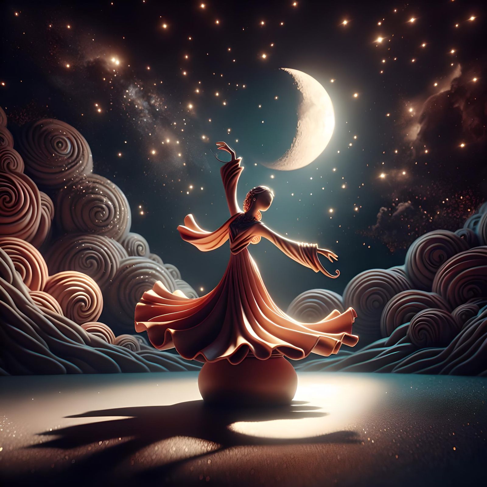 Terracotta Elf Figurine Dancing Under Moonlight