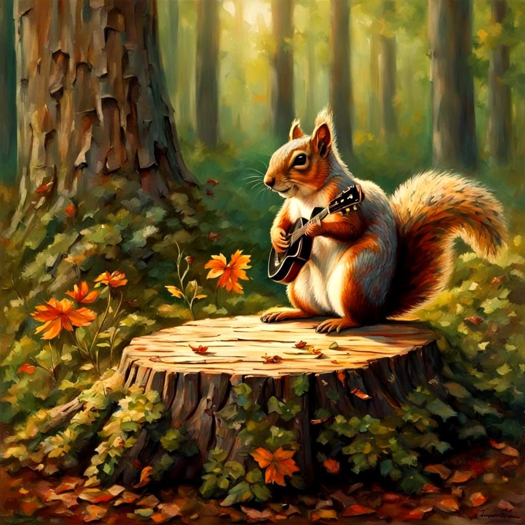 Squirrel Musician Performs in Forest Oil Painting