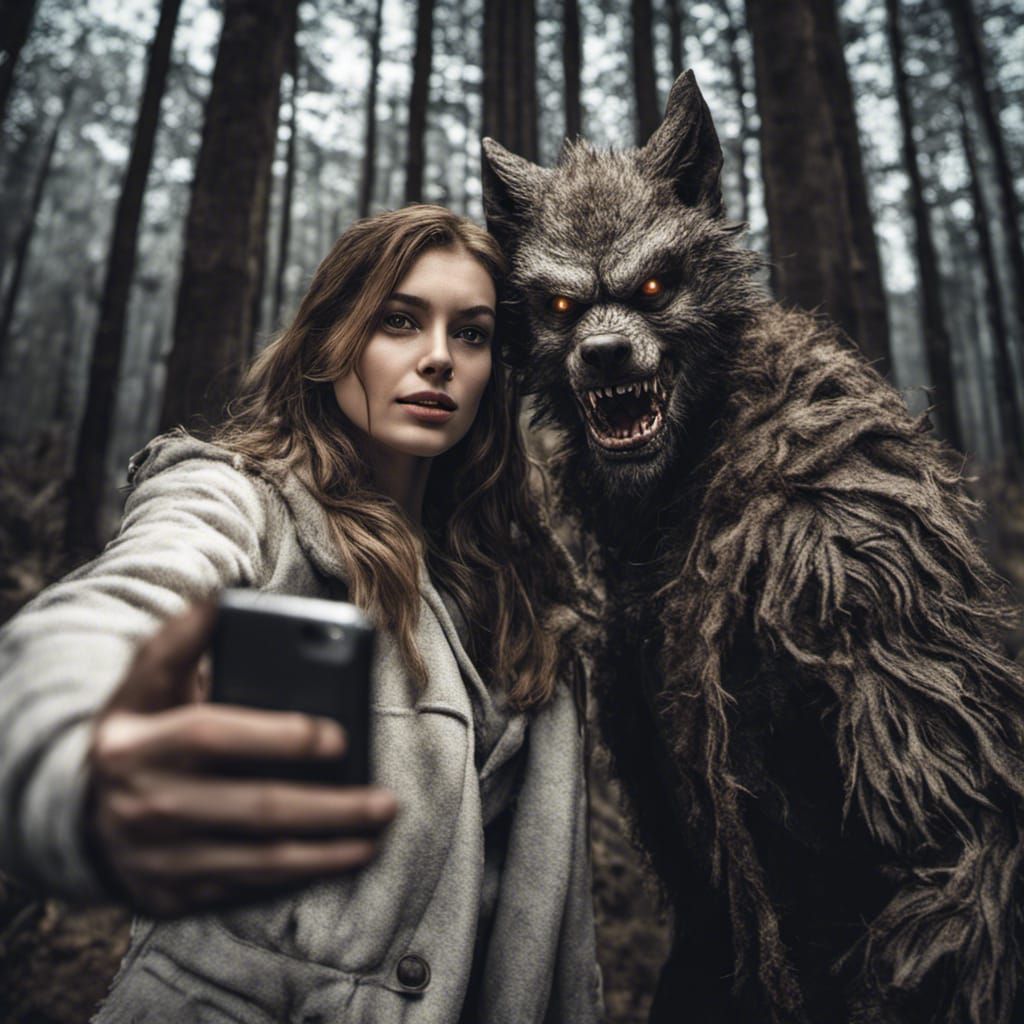 Woman's Selfie with Werewolf in Dark Forest