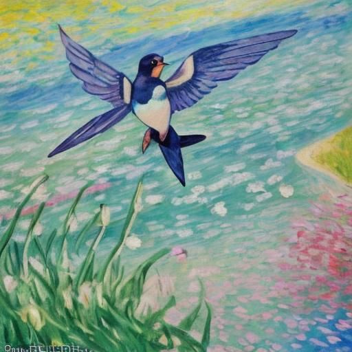 Swallows Dancing in Spring: Impressionistic Oil Painting