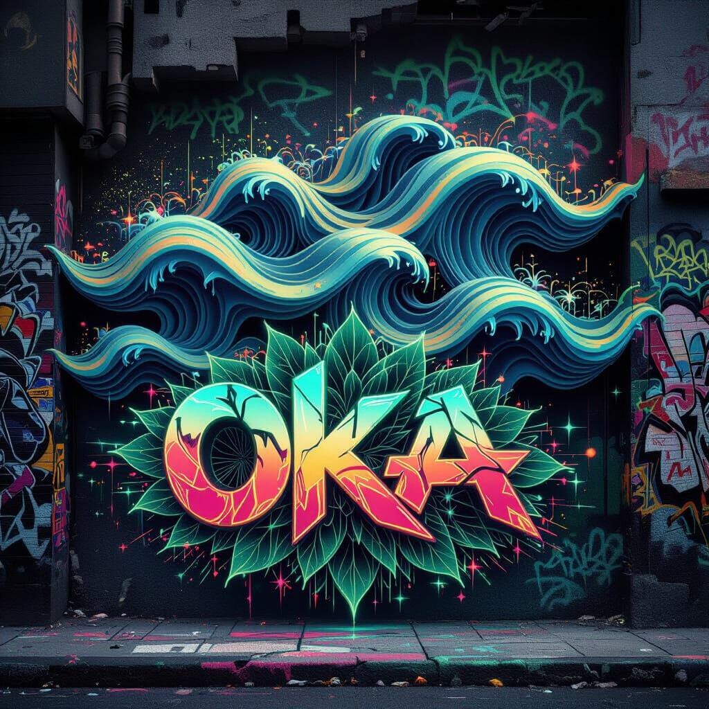 Surreal Graffiti Art with Layered Spray-Paint Waves