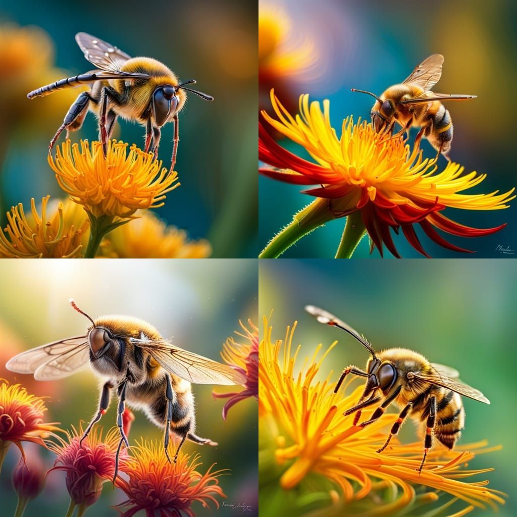 Hyperrealistic Close-Up of a Honeybee Collecting Pollen