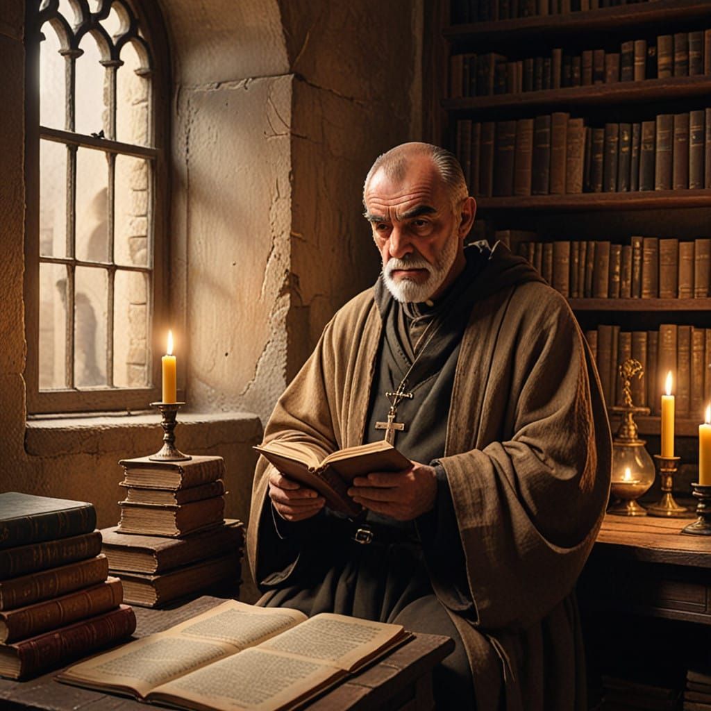 Franciscan Monk in Medieval Monastery Study