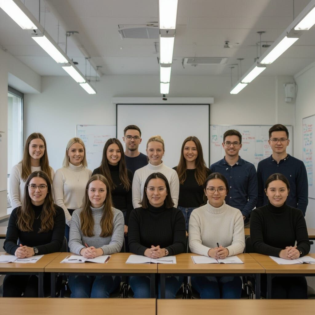 Group Photo in Classroom with Fluorescent Lighting