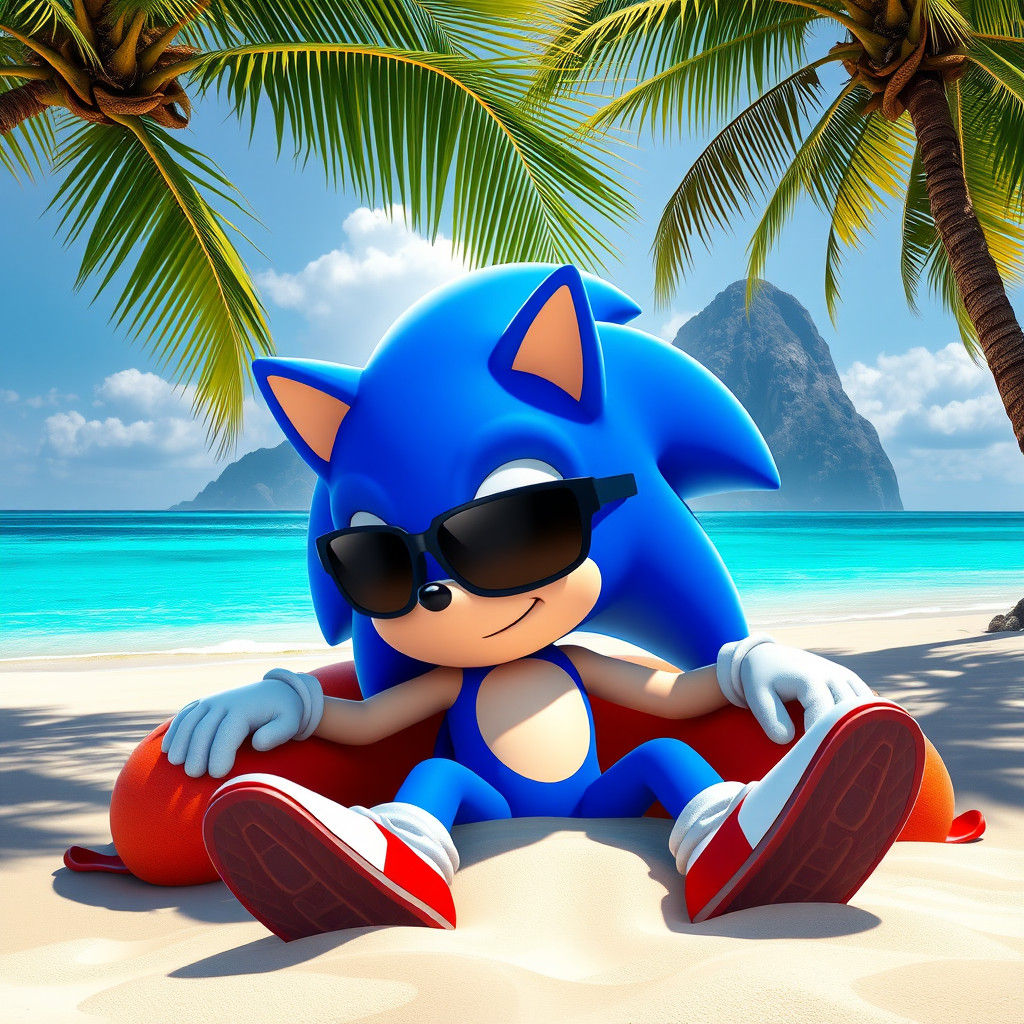 Sonic Sunbathing on a Tropical Beach as Matte Painting